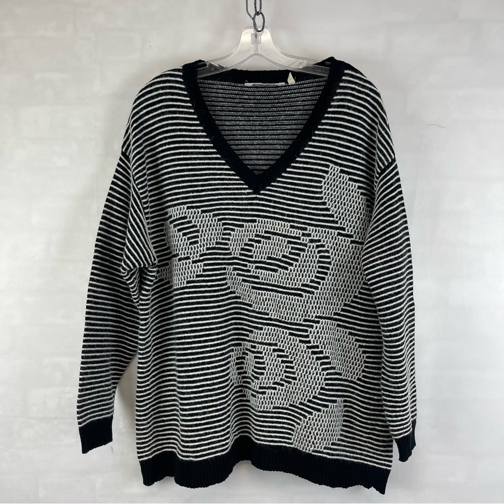 Soft Surroundings Black White Alpaca Wool Rose Intarsia V Neck Sweater Womens 2X
